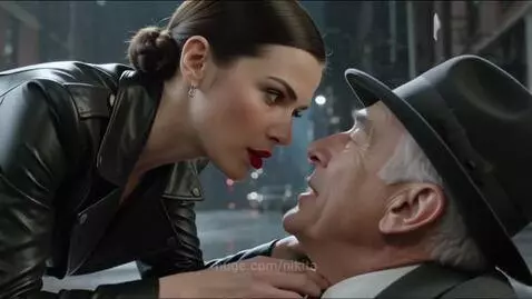 Man and woman in intense, close-up moment on a rainy city street at night.