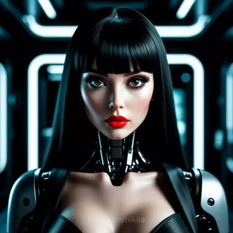 Female cyborg with black hair and red lipstick in a black bodysuit, projecting blue light from her finger in a neon corridor.