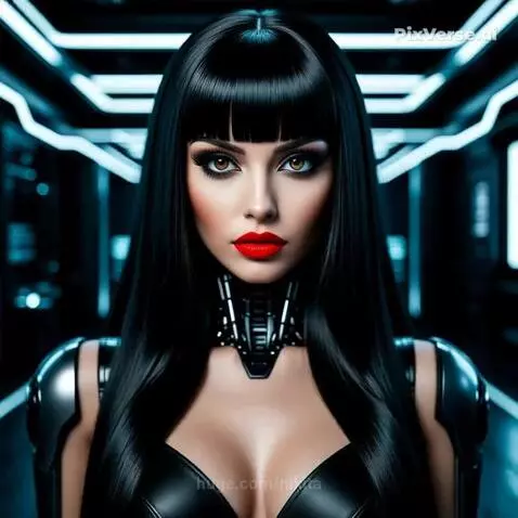 Female warrior with robotic enhancements fighting silver robot in neon-lit futuristic corridor.