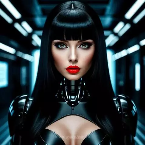 Woman in a metallic and black futuristic suit with a studded collar running and jumping through a dark, futuristic corridor with glowing blue and white lights.