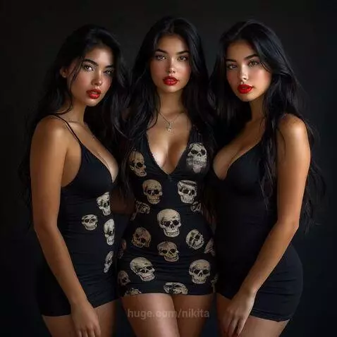 Three women with long dark hair and red lipstick, two on the sides kissing the woman in the center.