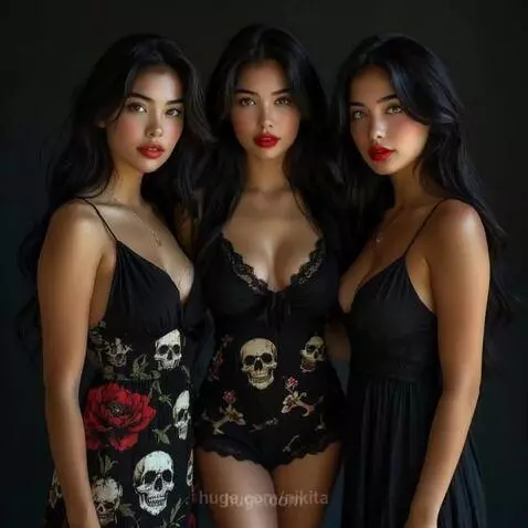 Three women with long dark hair and red lipstick posing in black dresses and a romper against a dark background.