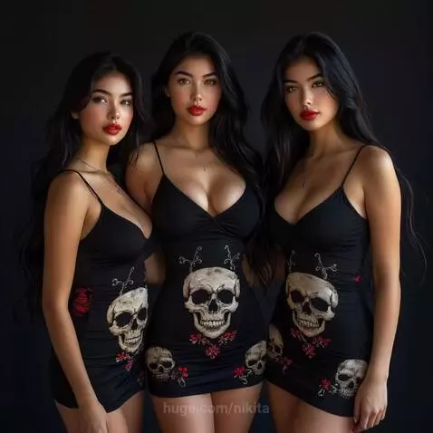 Three women with dark hair and red lipstick in skull and rose patterned dresses posing.