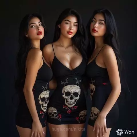 Three women with dark hair and red lipstick in skull and rose patterned dresses posing.
