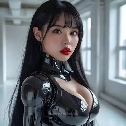 Woman with long black hair and red lipstick kissing a silver robot with glowing blue eyes.