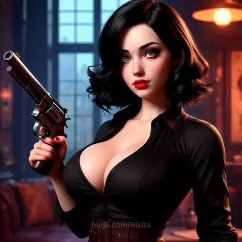 Woman with dark wavy hair, red lipstick, and a silver revolver in a dimly lit room.
