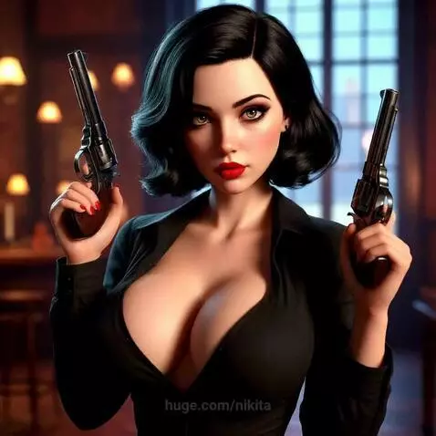 Woman with bobbed dark hair, red lipstick, and black shirt holds two revolvers pointed at the viewer, firing with smoke and muzzle flash.