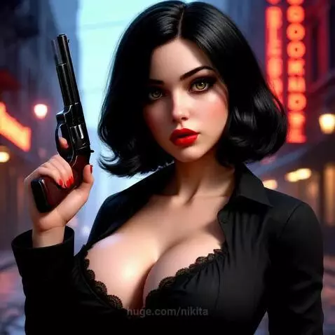Woman with short black hair, red lipstick, holding a handgun in a dark, neon-lit urban environment.