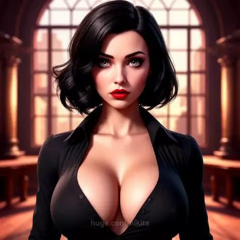 Woman with dark hair, red lipstick, and a black shirt holds two revolvers, one firing with smoke and flash.