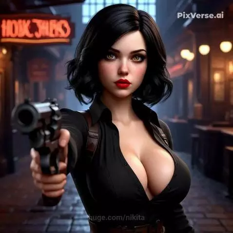 Woman with yellow eyes and red lipstick points a black revolver at the viewer, with neon signs in the background.