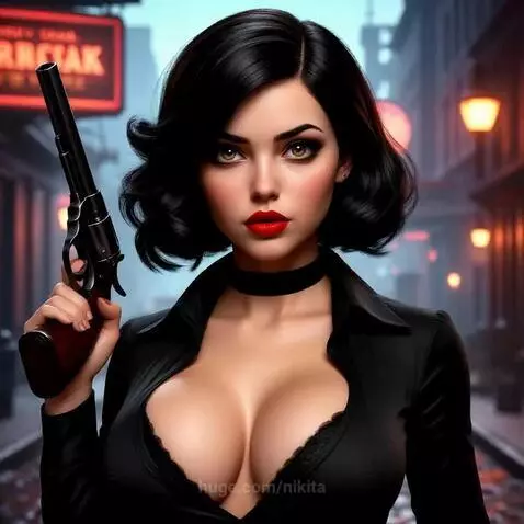 Woman with short dark hair, black shirt, and choker points a revolver directly at the viewer and fires.