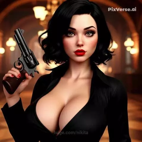 Woman with short black hair, red lipstick, and a black top holding and pointing a revolver.