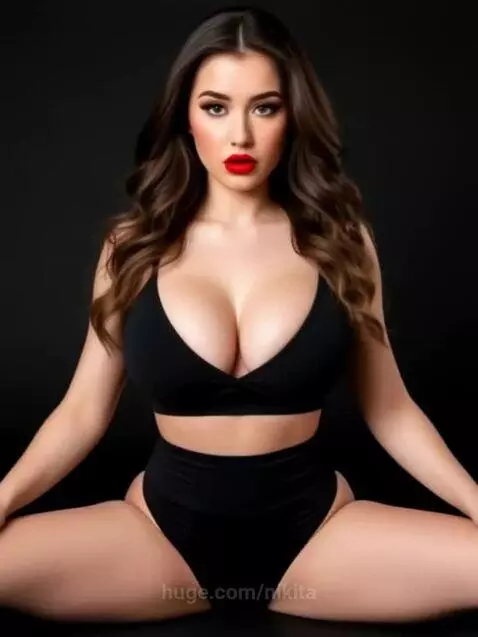 Woman with long wavy brown hair and red lipstick wearing a black swimsuit, sitting with legs spread and smiling at the camera.