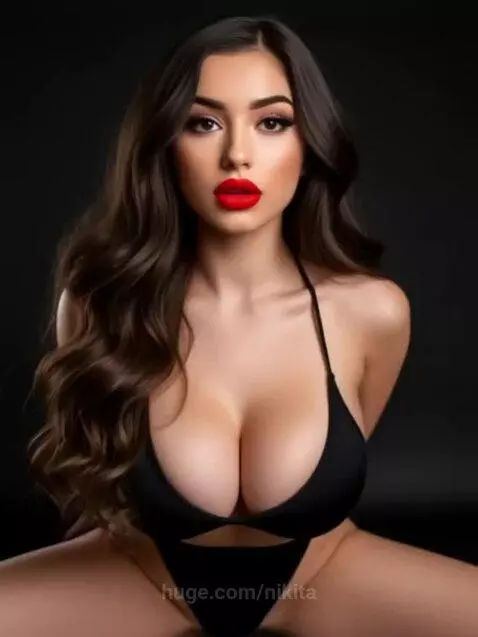 Woman with long wavy dark hair, red lipstick, and a black bikini posing suggestively against a dark background.