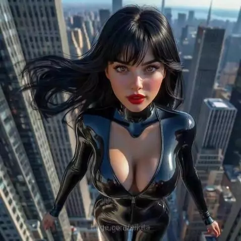 Woman in a shiny black V-neck suit flying gracefully above a city skyline with skyscrapers.