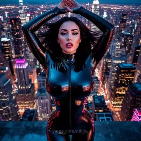 Woman in a black latex full-body suit with arms raised, posing seductively against a blurred night cityscape.