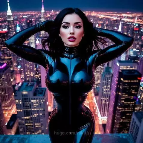 Woman in black latex catsuit posing on a city rooftop at night with skyline in background.