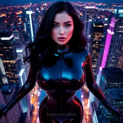 Woman with dark hair, pink eyeshadow, red lipstick, and black catsuit against a blurred night cityscape.