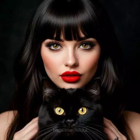 Woman with dark hair and red lipstick holding a black cat with bright yellow eyes against a dark background.