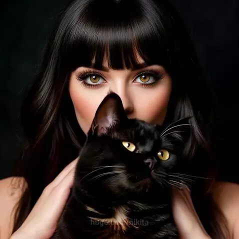 Woman with dark hair and red lipstick holding a black cat with bright yellow eyes against a dark background.