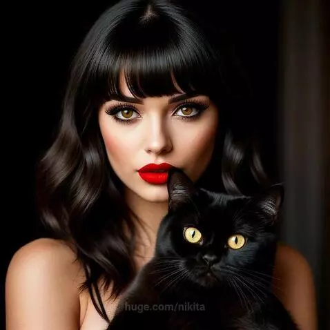 Woman with dark hair, red lipstick, and dramatic eye makeup holds a black cat with yellow eyes.