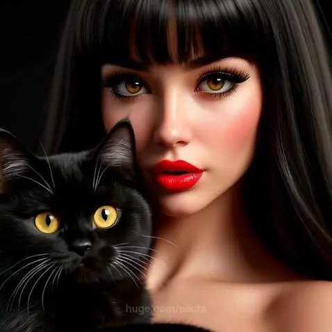Close-up portrait of a woman with black hair and red lipstick holding a black cat with yellow eyes.