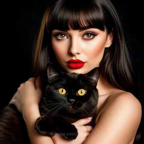 Woman with long dark hair and red lipstick holding a black cat with yellow eyes.