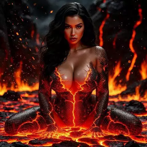 Woman with dark wavy hair kneeling on a cracked, glowing lava surface, her skin textured with fiery red-orange cracks.