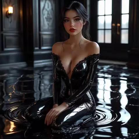 Woman with dark hair and red lipstick in a black off-the-shoulder latex dress, kneeling in dark liquid.