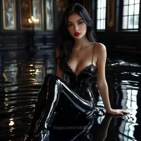 Woman in a black latex bodysuit wading through shallow water in a room and then a grassy landscape at sunset.