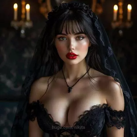 Woman with dark hair and red lipstick wearing a black veil, facing a silhouetted devil figure with red glowing eyes.