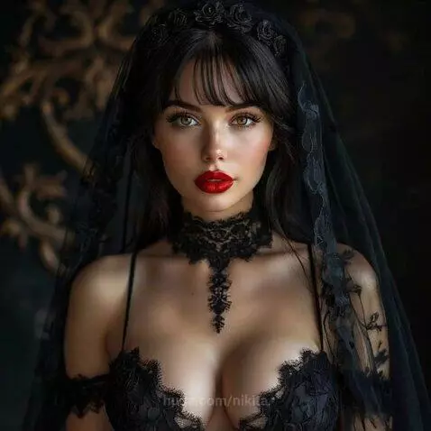 Gothic woman with dark hair and red lipstick, wearing a black lace outfit and veil, with a demonic figure with horns behind her.
