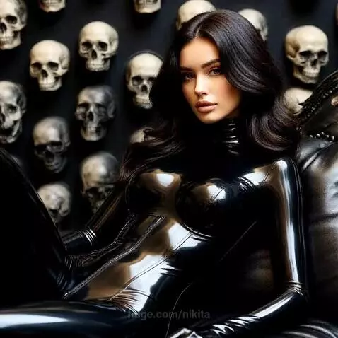 Woman in a black latex catsuit on a couch with human skulls in the background, looking seriously at the camera.