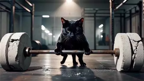 Black cat in a squatting position, gripping a barbell with concrete weights, appearing to deadlift.