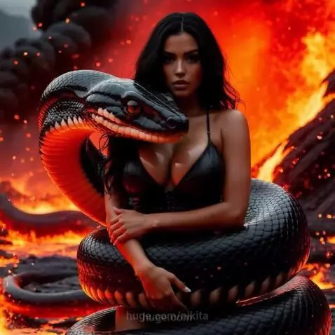 Woman in black bikini surrounded by lava and a large black anaconda with red eyes.