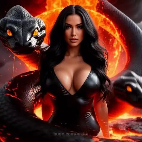Woman with long dark hair in a black bodysuit, surrounded by coiling snakes with glowing orange eyes in a lava landscape.
