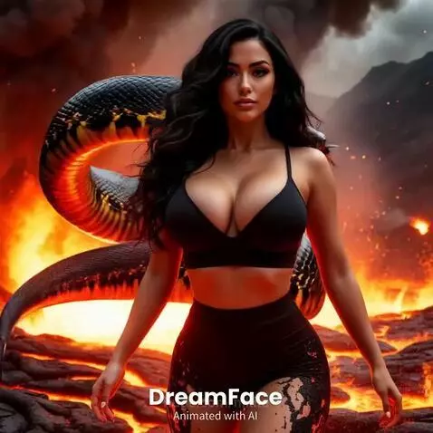 Woman with long dark hair in a black sports bra and shorts, wrapped by a large black and yellow anaconda in a fiery volcanic landscape with lava.