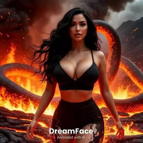 Woman with long dark hair in a black sports bra and shorts, wrapped by a large black and yellow anaconda in a fiery volcanic landscape with lava.