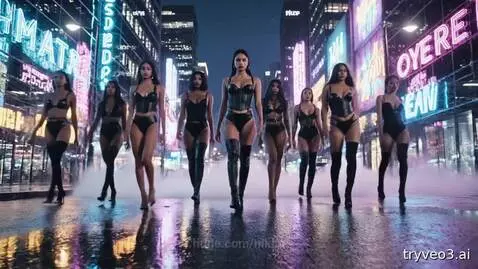 Group of eight women in black lingerie walking towards camera on a neon-lit city street at night.