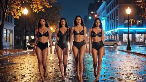 Four adult women in black lingerie walking towards the camera on a wet city street at night, with neon lights and cars in the background.