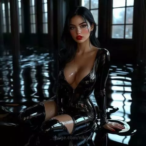 Woman in black latex suit and boots fighting in a dark, water-filled industrial building with explosions.