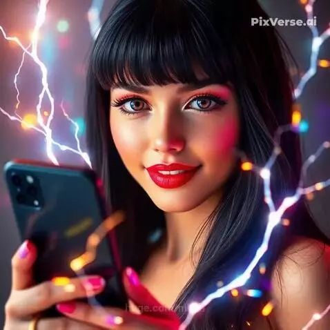 Woman with long dark hair in a black bra-top and shorts, holding a smartphone with lightning effects emanating from her hands.