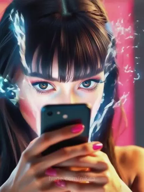 Close-up of a woman with dark hair, intense gaze, and blue lightning effects around her eyes, holding a smartphone.