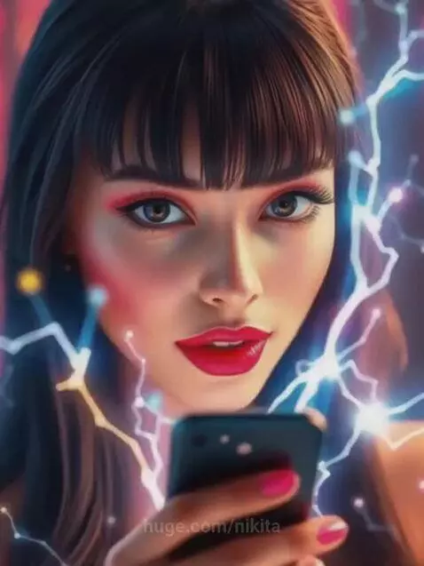 Close-up of a woman with dark hair, intense gaze, and blue lightning effects around her eyes, holding a smartphone.