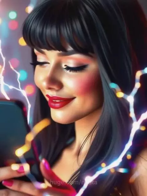 Close-up portrait of a smiling woman with dark hair and red lipstick, holding a smartphone, surrounded by colorful bokeh lights and glowing tendrils.