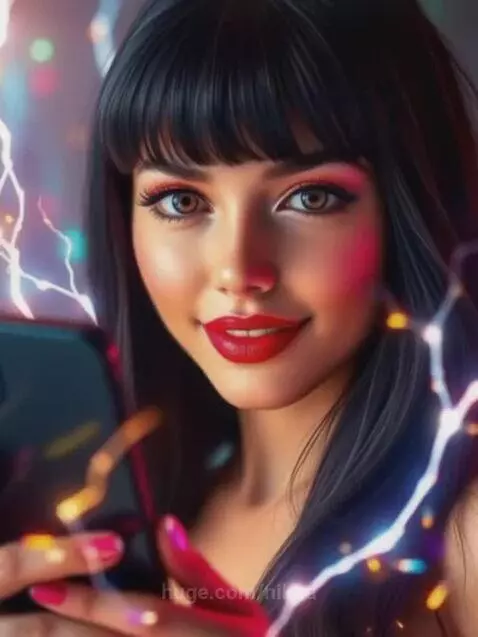Close-up portrait of a smiling woman with dark hair and red lipstick, holding a smartphone, surrounded by colorful bokeh lights and glowing tendrils.