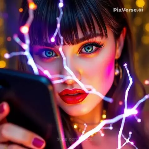 Woman with long dark hair and blue eyes, wearing a black top with a gold emblem, surrounded by glowing purple and white energy.