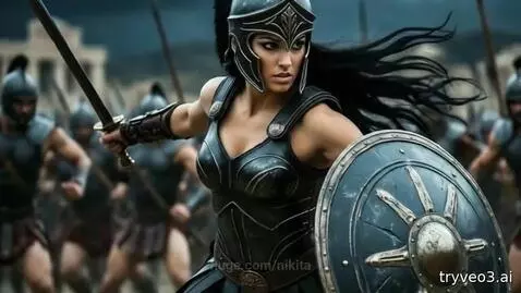 Female warrior in dark armor and helmet, holding sword and shield, leading an army under a full moon.