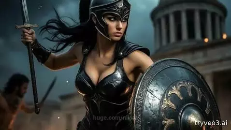 Amazonian warrior woman in helmet and armor, holding sword and shield, running with other warriors in a battle scene.