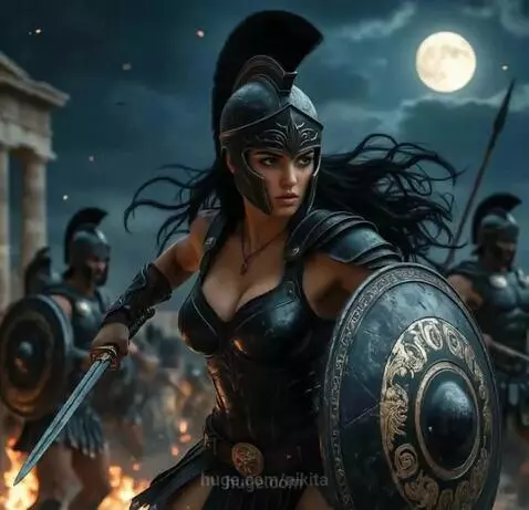 Female warrior in dark armor with helmet and skirt, holding sword and shield, with a fiery glow on her sword, on a battlefield.